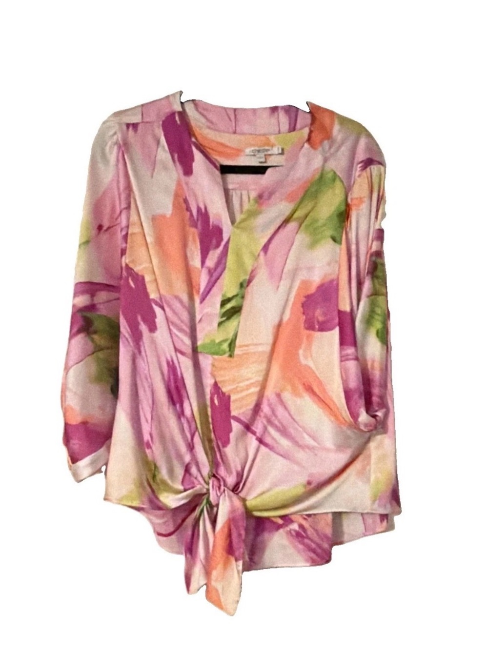 Chico's Pink Floral Tie-Front Blouse with Green & Orange Accents